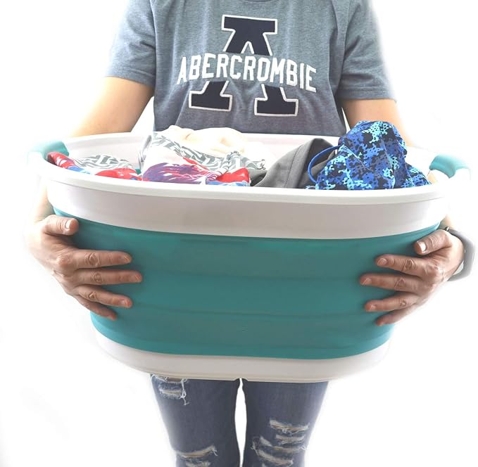 SAMMART 28L (7.4 gallon) Collapsible Plastic Laundry Basket-Oval Tub/Basket - Portable Washing Tub-Space Saving Laundry Hamper, Water capacity: 22L (5.8 gallon) (2, Bright Blue)