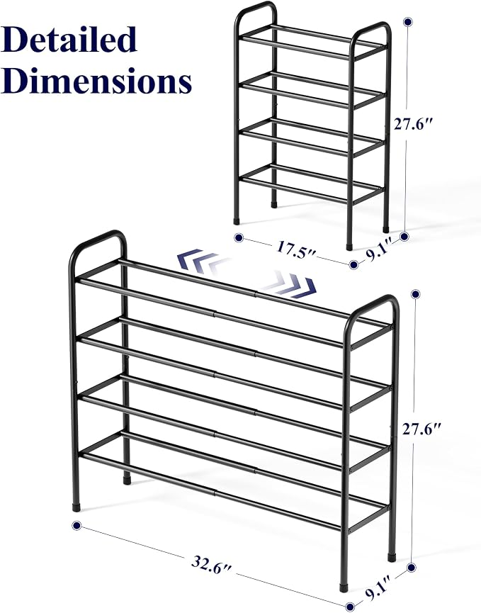 Kitsure Extendable Shoe Rack - 2-Tier Adjustable Metal Shoe Organizer, Sturdy Rust-Resistant Shoe Shelf for Entryway, Closet, or Bedroom, 17.5"–32.6" x 9.1" x 27.6", Black