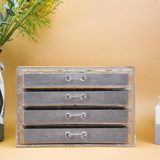 Weiai Acrylic Jewelry Organizer Box 4 Drawer Earring Case Storage for Women Gray