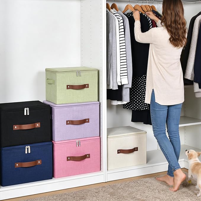 Storage Bins with Zipper Lid Foldable Fabric Lidded Storage Boxes Baskets Cubes Washable Collapsible PU Leather Handle Cotton Linen Shelves Closet Organizer Container(Pink, Small Size)