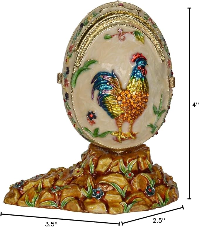 Rooster on Faberge Egg Trinket Box Jewelry Box Hand Painted Decorative Box with Hinged Lid Ring Earring Holder Easter Egg Collectible