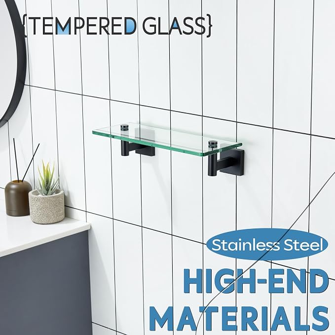 KOKOSIRI Bathroom Shelves Glass Floating Shelf 12-Inch for Bedroom Living Room Kitchen Hanging Rack Rustproof Wall Mounted Black 2 Pack B1105BK-L12-P2