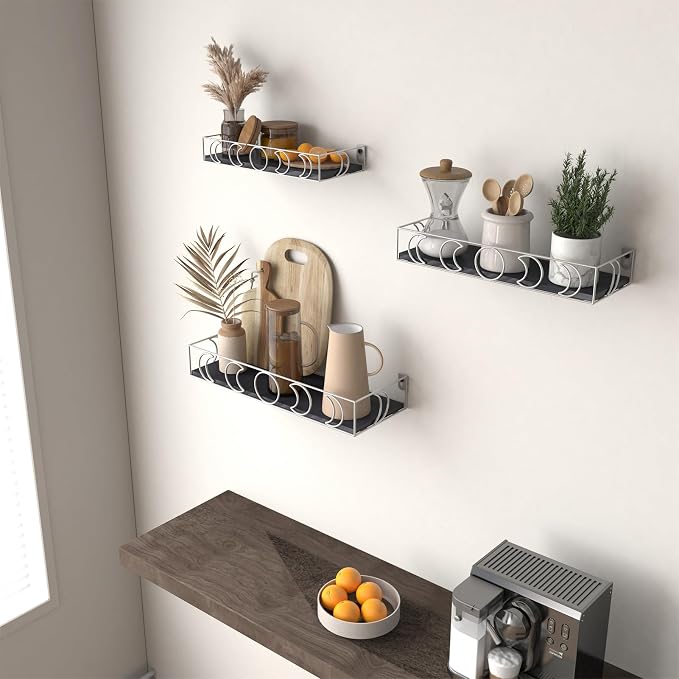 PHAREGE Moon Phase Floating Shelves Black Silver Set of 3 | Small Decorative Wall Shelves for Book Plant Storage, Crystal Figurine Collectibles Display Shelf for Bedroom Kid Room