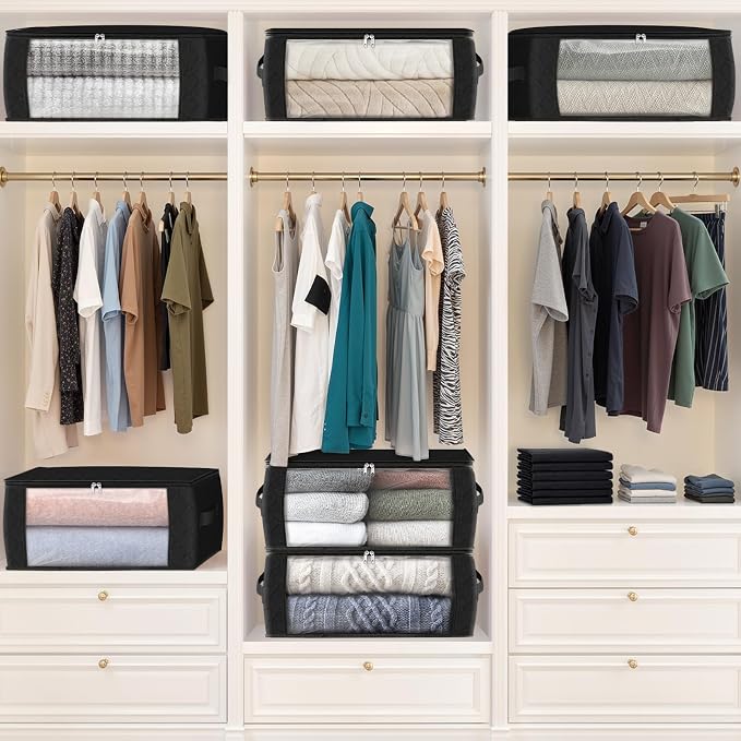 Fab totes 35L Closet Organizers and Storage, Foldable Under Bed Storage Containers, Storage bags for Organizing Bedroom, Closet, Clothing,Organization with Handle (6 Pack,Black)