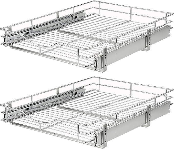 DINDON Pull Out Cabinet Organizer, (11" W x 21" D) Heavy-Duty Metal Sliding Drawer Shelf, Bathroom Under Sink Kitchen Cabinets Organizer and Storage Slide Out Shelves, Chrome, 1 Tier, 2 Pack
