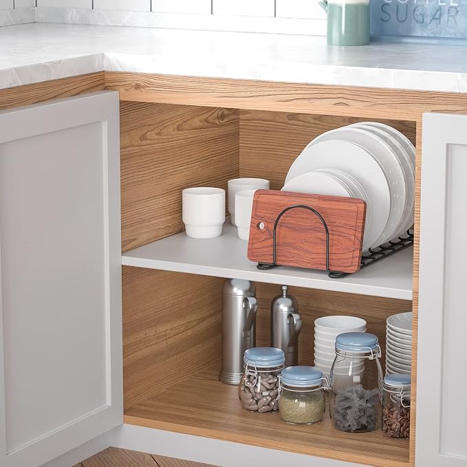 JAQ Plate Rack for Cabinet, 10.5" Vertical Dish Organizer for Plates, Pot Lids, Cutting Boards & Baking Sheets, Metal Kitchen Cabinet Organizer (1-Pack, White)