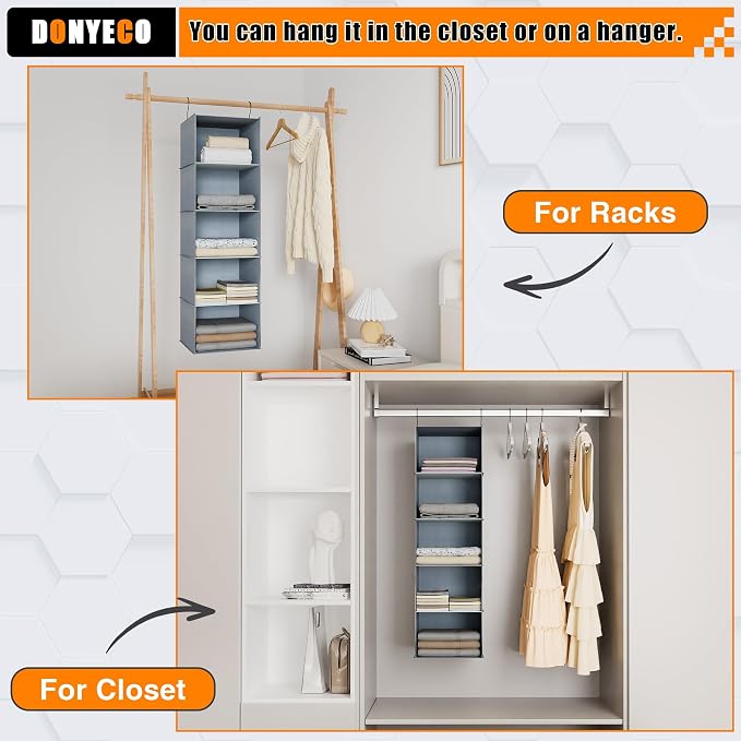 Hanging Closet Organizer 5-Shelf, Oxford Fabric Wardrobe Storage, Gray | Easy-mount foldable design holds clothes, handbags, shoes & accessories; washable Oxford fabric, sturdy and space-saving.
