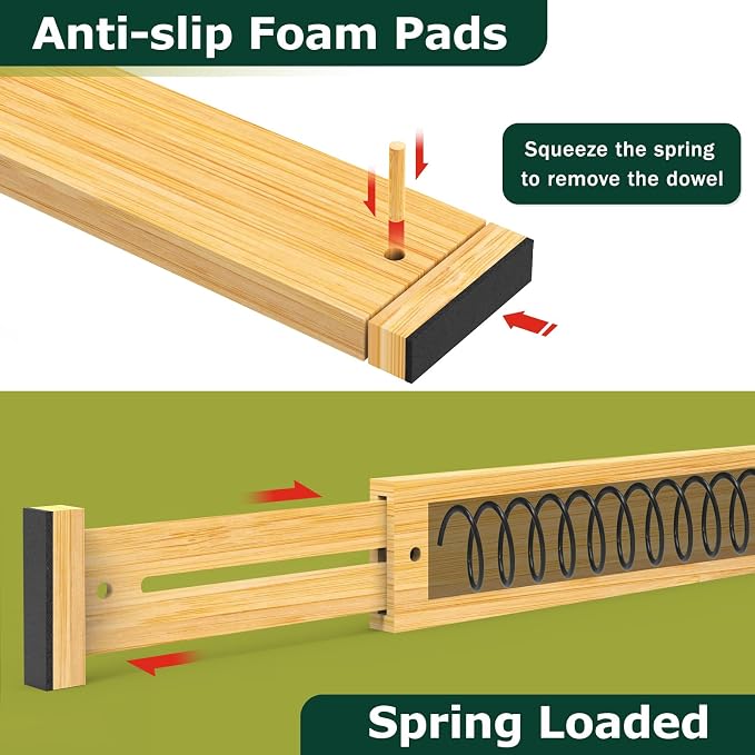 Lzerking Kitchen Drawer Dividers 6 Pack Bamboo Drawer | 17-22" Adjustable, Spring Loaded, Expandable Utensil Organizer, Works in Kitchen, Dresser, Closet, Bathroom, Bedroom