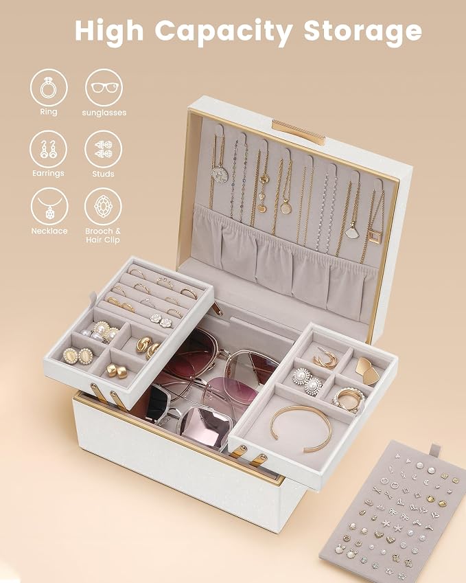Lolalet Jewelry Box Organizer for Women Girls, 2 Layer Jewelry Organizers and Storage for Necklace Earrings Rings Bracelets, Large Jewellery Holder Case Birthday Gifts -Champagnegold