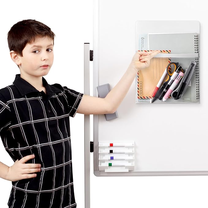 Henoyso 5 Pcs Magnetic File Holder Paper Holder Magnetic Pen Dry Erase Marker Organizer Fridge Pocket Organizer for Whiteboard Refrigerator, 12 x 9.5 in (White)