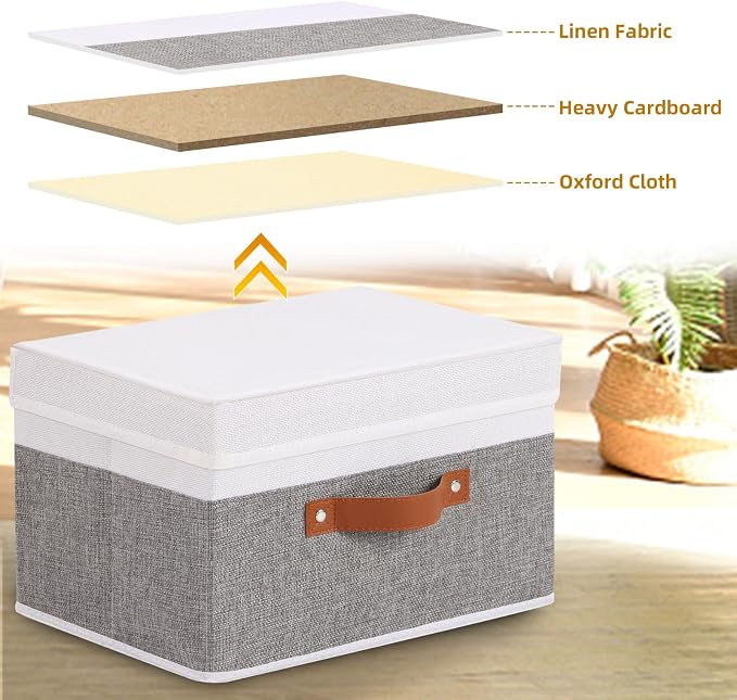 Storage Bin with Lid,White/Grey Basket,1Pack,13x9.1x7.9In | Storage Baskets with Handles,Fabric Clothing Boxes, Collapsible Organizer,Closet Container Cubes for Shelves Wardrobe
