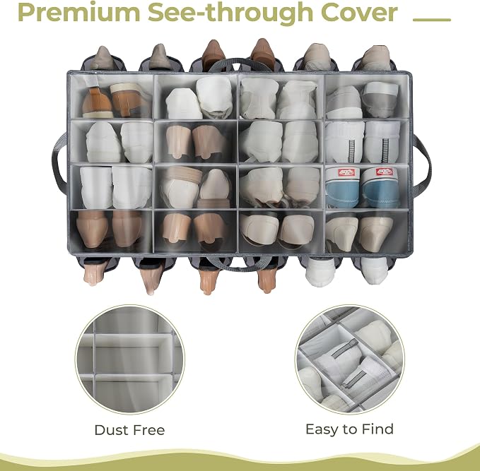 Extra Large Fabric Shoe Organizer for Closet, Fits up to 28 Pairs, Foldable Shoe Storage Bin Containers with Adjustable Dividers and Clear Cover, Grey, 6 Pack