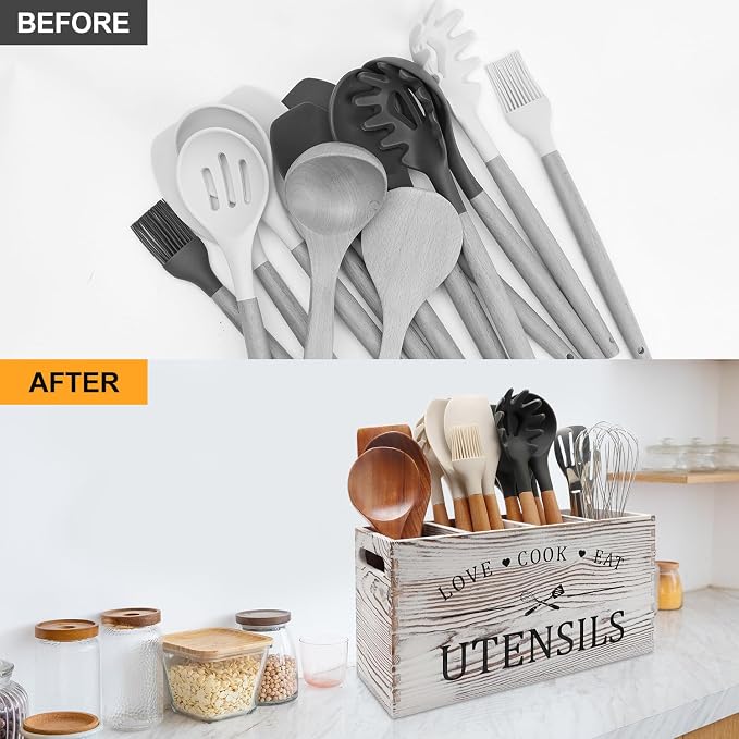 Rustic White Wooden Cooking Utensil Holder for Kitchen Large Spoon Holders | Farmhouse Wood Utensil Crock Kitchen Countertop Decor Utensil Organizer Storage Kitchen Tools Spatula Holder Silverware Caddy