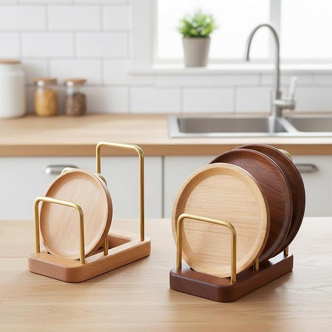 Chopping Board Rack with Wood Base – Multi Layer Kitchen Organizer Stand for Cutting Boards Pot Lids, Baking Trays Pans and Plates Cabinet Storage Divider Accessory Home Countertop or Inside Cabinets