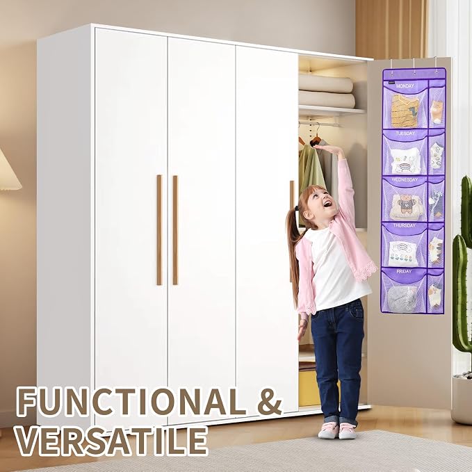 Weekly Clothes Organizer for Kids, Monday to Friday Hanging Closet Organizer, 5-Shelf Large Capacity School Storage with Side Pockets, Purple (Quantity 1)
