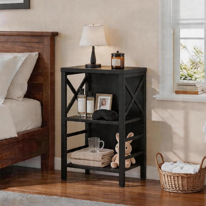 MNEETRUNG Book Shelf, Small 3-Tier Industrial Bookshelf with Strong Metal Frame & Backboard, 15.7" Short Bookcase for Small Spaces, Living Room, Bedroom and Home Office, Black