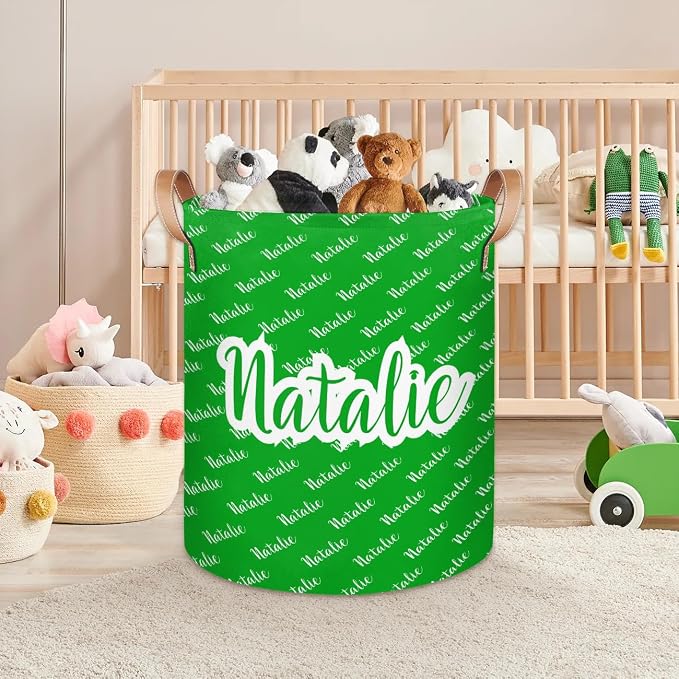 Personalized Laundry Basket, Custom Gift Laundry Hamper, Collapsible Nursery Waterproof Laundry Baskets, Dirty Clothes Toy Hamper with Handles Name Green