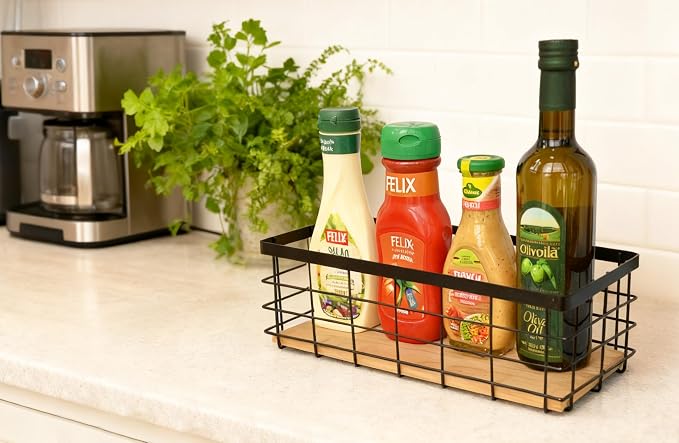 ShabbyDecor Detachable Wood Base Wire Basket tabletop or wall mount, Medium | Farmhouse Hanging Basket, Storage Organizer for Kitchen Cabinets, Bathroom, Pantry, Laundry Room