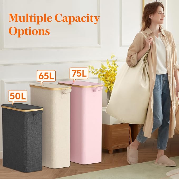 Lifewit 65L Slim Laundry Hamper with Lid, Narrow Laundry Basket with Removable Bag & Bamboo Handles, Fodable Thin Dirty Clothes Hamper for Laundry Collapsible Bin for Bathroom Bedroom Dorm,Silver Grey
