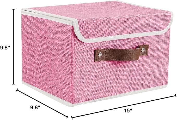 2Pack Storage Bins Boxes with Lids 10" x 8" x 7" Decorative Storage Baskets | Cotton Linen Fabric, Collapsible, Faux Leather Handles, Storage Cubes, Closet Shelf Clothes Organizer Container, Pink