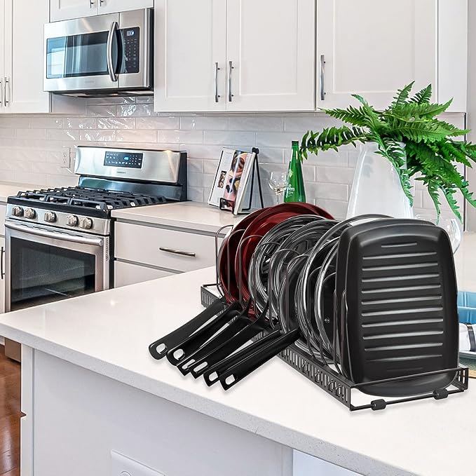 Puricon Expandable Pot and Pan Organizer for Cabinet with 10 Dividers, Adjustable Pots and Pans Organizer Rack Pan Lid Cookware Bakeware Baking Storage Holder for Kitchen Countertop Pantry -Bronze | 10 Dividers, Adjustable, Lid Cookware Bakeware Baking...
