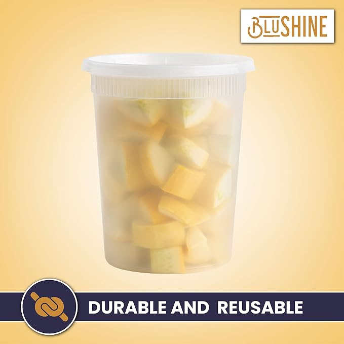 BluShine Deli Containers with Lids, Plastic Food Storage Containers | 32 oz, 24 sets Plastic Deli Food Storage Containers with Airtight Leak Proof Lids, Reusable, Microwave and Freezer Safe