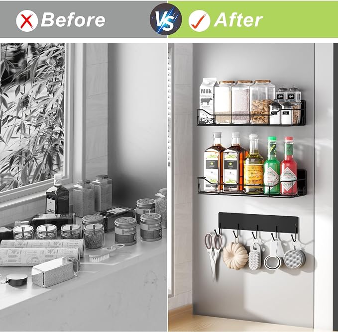 Magnetic Spice Rack for Refrigerator, 3 Pack Metal Magnet Spice Organizer Shelf with Hook Rack, Magnetic Fridge Shelves for Kitchen Organization and Storage, Seasoning Organizer Gadgets (Black)