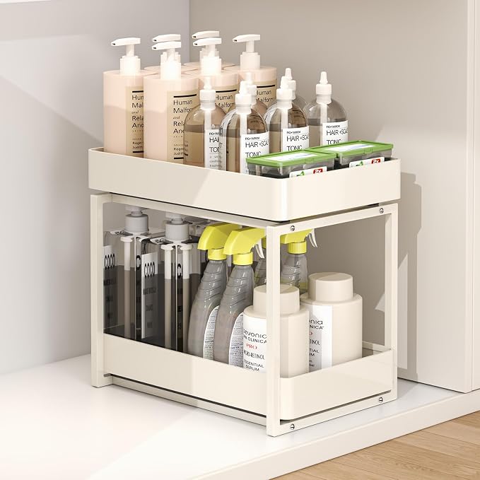 2 Tier Pull Out Cabinet Organizer with Sliding Basket Bathroom Cabinet Organizer, Bathroom Kitchen Multi-Purpose Under Sink Organizer and Storage Cabinet in Metal 1 pack