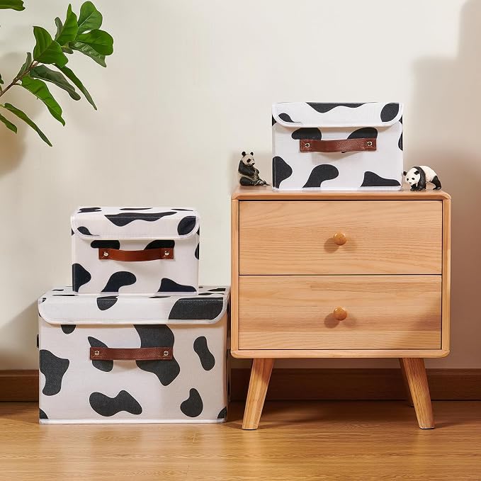 2PCS Storage Bins with Lid Cow Print Cute Fabric Storage Basket Box Faux Leather Handles PP Plastic Board Foldable Washable Lidded Cotton Linen Closet Shelf Organizer Container (Large Size)