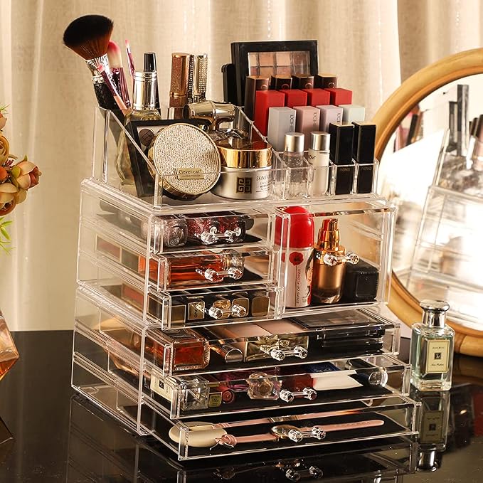 Cq acrylic 3 Pack Clear Make Up Organizers for Vanity,Stackable 7 Drawers Make Up Organizer,Cute Desk Organizer for Vanity Jewelry,Hair Clip,Beauty,Skincare Product Dresser Acrylic Drawer Organizer