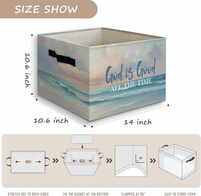 Christian Coastal Beach Foldable Storage Bins Box with Handles, God Is Good All the Time Bible Verse Religious Collapsible Organizer Basket for Christian Home Room Clothes Toys Books