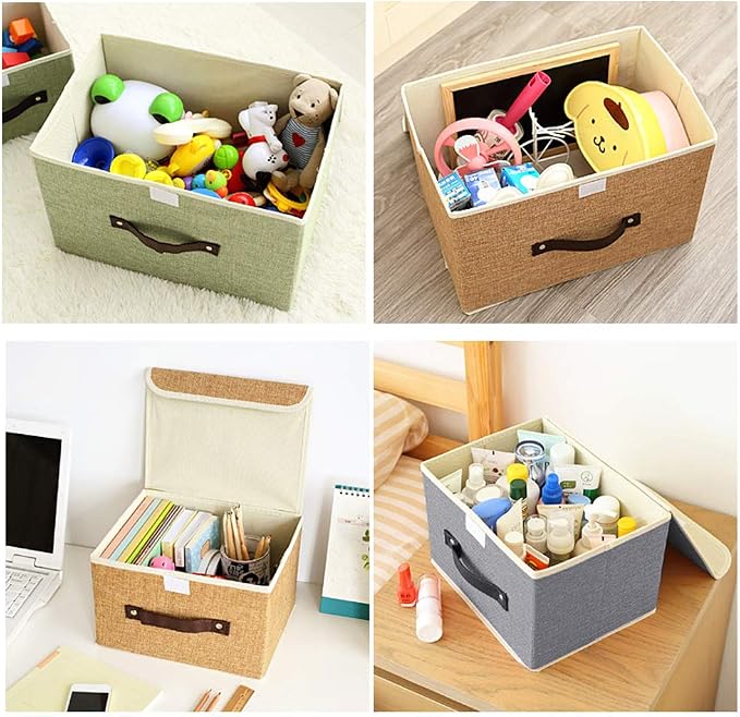 2Pack Storage Bins Boxes with Lids 10" x 8" x 7" Decorative Storage Baskets | Cotton Linen Fabric, Collapsible, Faux Leather Handles, Storage Cubes, Closet Shelf Clothes Organizer Container, Grey