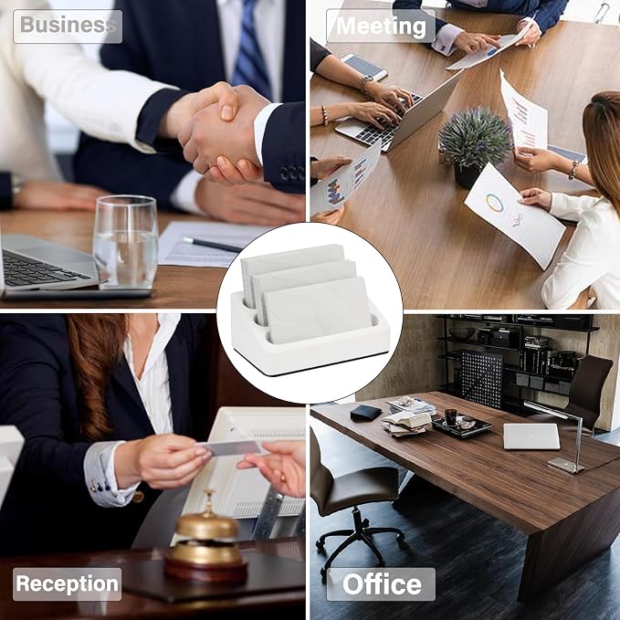FREELOVE Desktop Card Holder, Concrete, Handmade, 3 Stair 3 Slots, Fits 30-50 Business Cards, Stone Weighted, Smooth Finish, Eva Base, Office Desk Organizer (White, Small)