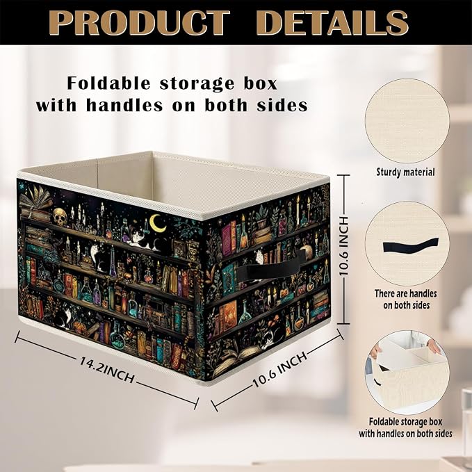 Witchy Gothic Tuxedo Cat Book Storage Bin Box with Handles, Book Reading Lover Decor and Gifts, Dark Academia Bookshelf Foldable Organizer Basket Toybox for Reading Room Library Home Books