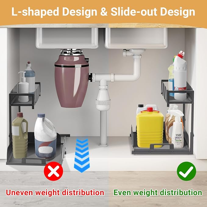 Under Kitchen Sink Organizer, 2 Tier Metal Pull Out, 2 Pack | Sliding Drawer, Heavy Duty, Bathroom Organizers and Storage Shelf, For Home, Laundry, Office