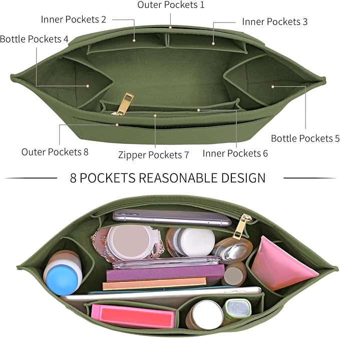 LOUKAYCCI Purse Organizer Insert for Longchamp Le Pliage L Handbag Insert Felt Long Champ Tote Bag Organizer Insert with Cup (Green, Large)