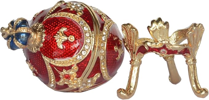 Faberge Egg Trinket Box - Easter Egg Collectible, Jewelry Box Hand Painted Decorative Box with Hinged Lid Ring Earring Holder (Red)