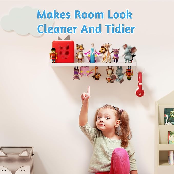 for Tonies Shelf Magnetic - Tonies Figure Organizer for Kids Room, Wooden Magnetic Display Shelf for Tonies Box Holder, Wall Floating Shelves Toy Storage Compatible Charging Station(1 Tier, White)