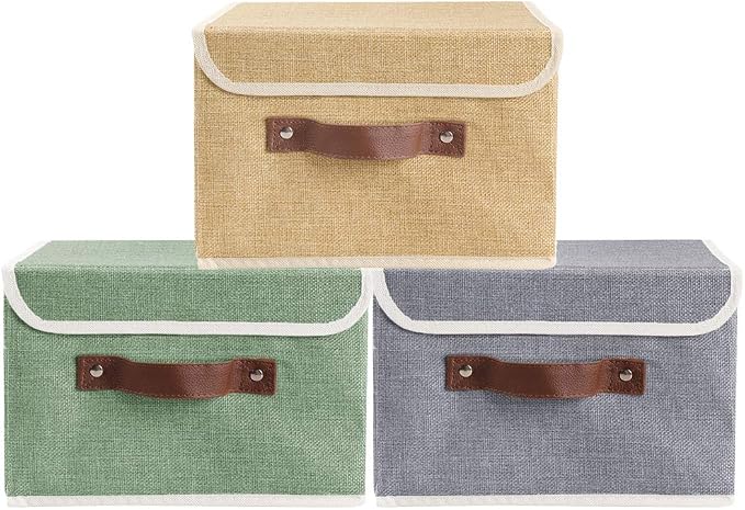 2Pack Storage Bins Boxes with Lids 10" x 8" x 7" Decorative Storage Baskets | Cotton Linen Fabric, Collapsible, Faux Leather Handles, Storage Cubes, Closet Shelf Clothes Organizer Container, Green