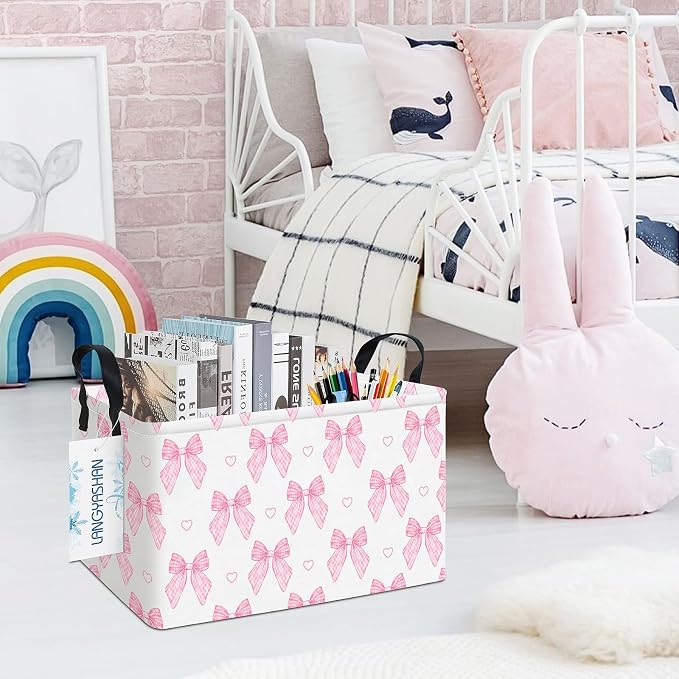 Rectangular Collapsible Pink Bowknot Storage Basket Organizer | Storage Bin Foldable Canvas with Handles for Organizing Home Kitchen Children Toys Office Closet Shelf Baskets