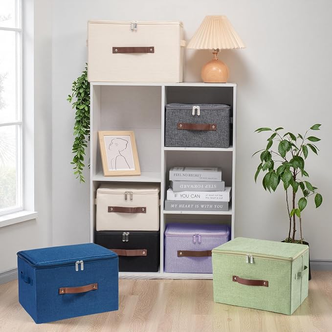 Storage Bins with Zipper Lid Foldable Fabric Lidded Storage Boxes Baskets Cubes Washable Collapsible PU Leather Handle Cotton Linen Shelves Closet Organizer Container(Dark Blue, Small Size)