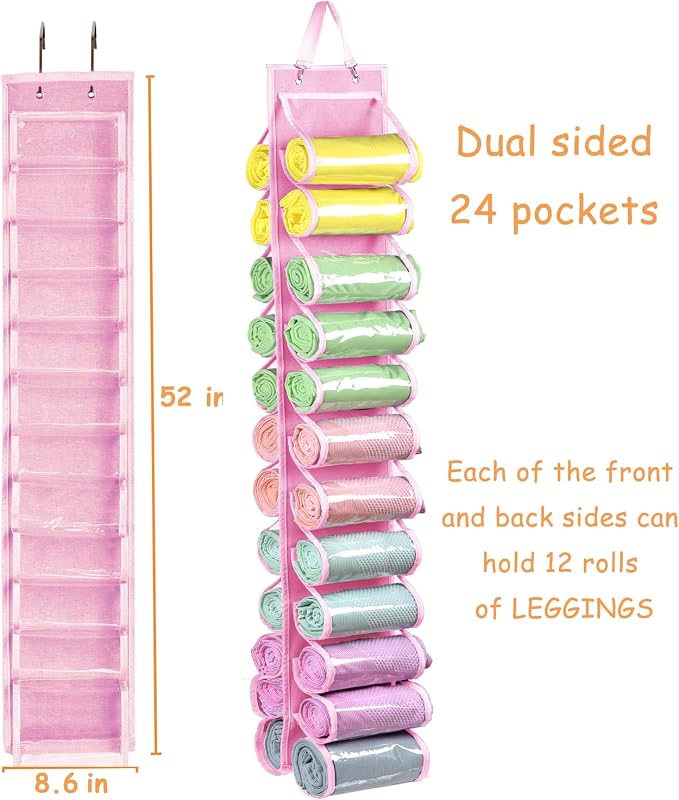 Legging Storage Bag Storage Hanger Can Holds 24 Leggings or Shirts Jeans Compartment Storage Hanger, Foldable Leggings Organizer Clothes Portable Closets Roll Holder (Pink)