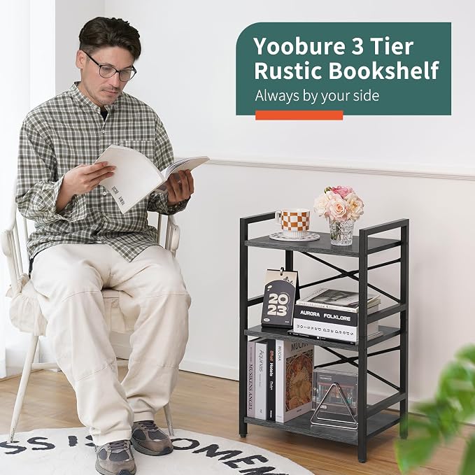 Yoobure Bookshelf Small Book Shelf, Solid Industrial 3 Tier Shelf Bookcase, Short Book Case for Bedroom, Living Room, Office Home, Small Spaces, Easy Assembly Charcoal Gray