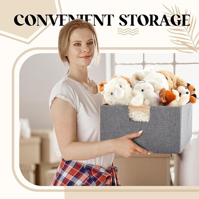 Cinnvoice 3 Pack Fabric Storage Bins for Closet Shelves, 15 x 10.6 x 6 Inch Grey Rectangle Wardrobe Organizer with Handle, Collapsible Shelves Storage Basket for Sorting Clothes and Toy
