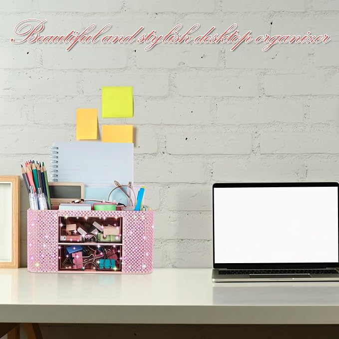 MotiMind Pink Bling Desk Organizer with 2 Drawer, Sparkly Makeup Organizer for Vanity, Girly Desk Accessories, Rhinestone Pen Holder, Elevate Your Workspace with Pink Serenity (Pearl)
