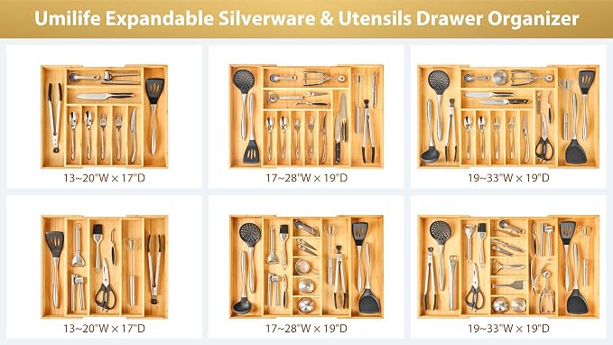 Umilife Large Expandable Kitchen Silverware Utensils Drawer Organizer, 2.5" Extra High Adjustable Drawer Divider with Curved Grooves, Bamboo Wood Cutlery Tray Flatware Holder