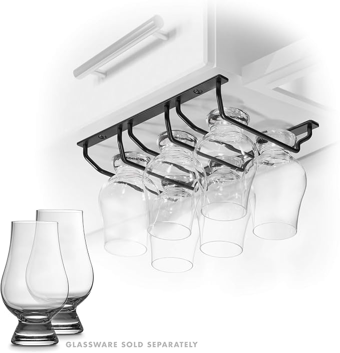 CairnCradle Whiskey Glass Rack - Under Cabinet Whisky Tasting Glasses Holder Storage Hanger Metal Organizer for Bar Kitchen (3 Across x 2 Deep, Matte Black)