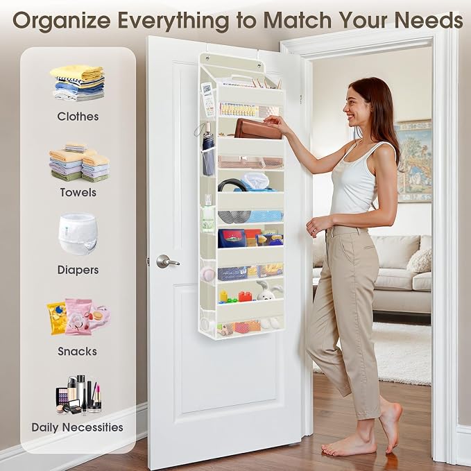 SpaceHacks 2 Pack Over The Door Organizer, Hanging Storage Organizer with Clear Window, 40lb Ultra Sturdy Large Capacity Room Organizer for Pantry Laundry Bathroom Nursery Closet (Beige)