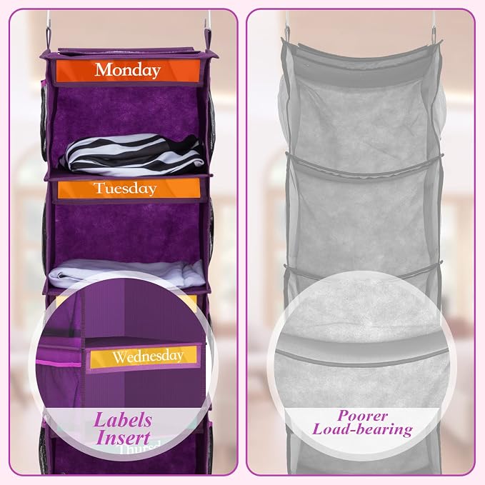Amylove 2 Pack 6 Shelf Weekly Clothes Organizer for Kids with Side Pocket, 47 Inch Days of the Week Clothes Organizer, Monday to Friday Daily School Outfits Clothing Divider for Kids(Purple)