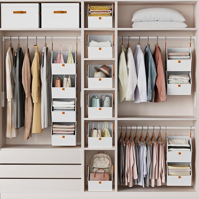 Homsorout Hanging Closet Organizer 4 Tier - Clothes Hanging Shelves, Space-Saving Closet System, Fabric Storage Bins Bedroom Organization, Collapsible Baskets for Home, Dorm, Rv, White, 8 Pack